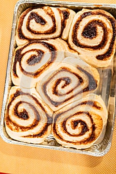 Freshly Baked Cinnamon Rolls Cooling on Stove Top