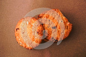 Freshly baked cookies with raisins and cashew nuts