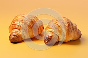Freshly baked crispy croissants on vibrant yellow-orange minimalistic background