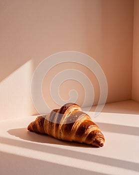 Freshly baked croissant displayed on a pastel peach background in a cozy morning setting. photo
