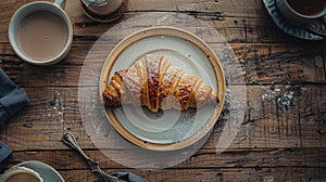 A freshly baked croissant dusted with sugar, paired with a cup of hot chocolate on a rustic wooden table, embodies a