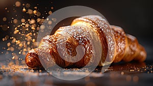 Freshly baked croissant flying in air. Close up of crumbled french croissant