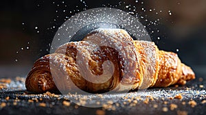Freshly baked croissant flying in air. Close up of crumbled french croissant