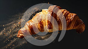 Freshly baked croissant flying in air. Close up of crumbled french croissant