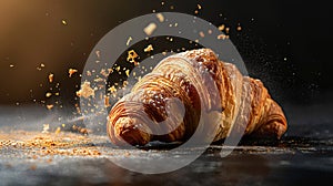 Freshly baked croissant flying in air. Close up of crumbled french croissant