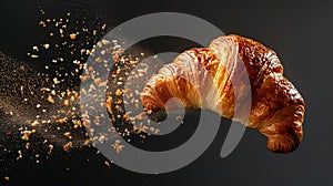 Freshly baked croissant flying in air. Close up of crumbled french croissant