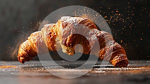 Freshly baked croissant flying in air. Close up of crumbled french croissant