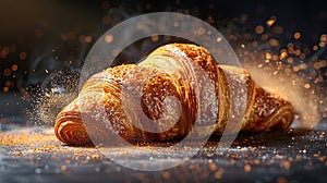 Freshly baked croissant flying in air. Close up of crumbled french croissant