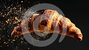 Freshly baked croissant flying in air. Close up of crumbled french croissant