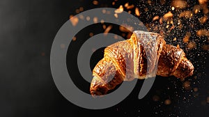 Freshly baked croissant flying in air. Close up of crumbled french croissant