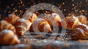 Freshly baked croissant flying in air. Close up of crumbled french croissant