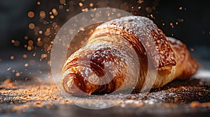 Freshly baked croissant flying in air. Close up of crumbled french croissant