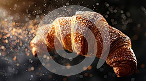 Freshly baked croissant flying in air. Close up of crumbled french croissant