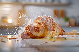 Freshly Baked Croissant with Sprinkled Sugar on Wooden Table in Morning Light, Delicious French Pastry Breakfast, Close Up