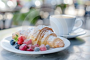 Freshly baked croissant with summer berries, served with cappuccino at a lovely outdoor street cafe