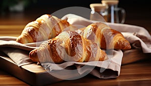 Freshly baked croissant on wooden table, a delightful French breakfast generated by AI