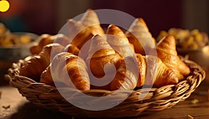 Freshly baked croissant on wooden table, a gourmet French snack generated by AI