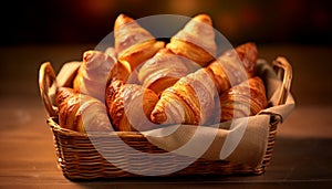Freshly baked croissant on wooden table, a gourmet French snack generated by AI