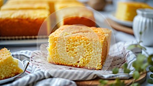 Freshly baked fluffy buttery cornbread with golden crust on a wooden cutting board. Traditional Southern states cuisine