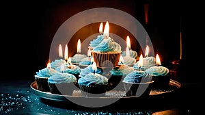 Freshly baked fluffy cupcake with a lit candle on top, decorated with creamy icing. Generative AI
