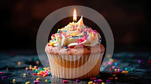 Freshly baked fluffy cupcake with a lit candle on top, decorated with creamy icing. Generative AI