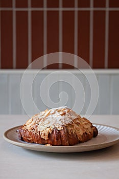 Freshly baked French croissant served in coffee shop