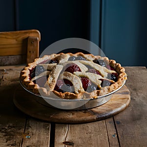 Freshly baked fruit pie showcased on the kitchen table photo