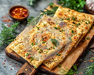 Freshly Baked Garlic Bread with Herbs and Spices on Wooden Board, Perfect for Gourmet Italian Cuisine Concept