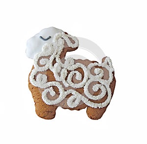 Freshly baked Gingerbread sheep shaped cookie with icing on a white background