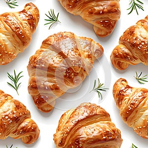 Freshly baked, golden croissants sprinkled with sesame seeds, seamless pattern. AI generated