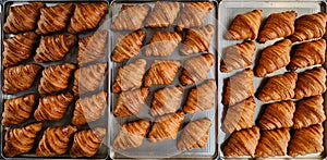 Freshly baked golden French croissants on baking sheet. Fresh classic pastries. Top view