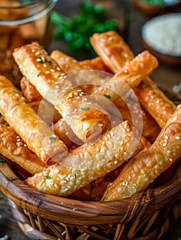 Freshly Baked Golden Pastry Sticks with Sesame Seeds in a Basket, Ideal for Snack or Party Appetizer, Close Up Food Photography