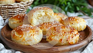 Freshly Baked Golden Sesame Seed Buns on Wooden Plate with Wicker Basket and Greens in Background
