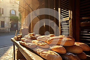 Freshly baked gourmet breads for sale in French bakery. Baguettes on early sunny morning in small town in France