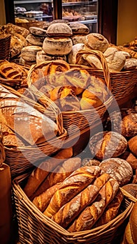 Freshly baked gourmet breads for sale in French bakery. Freshly baked bread, rolls, cookies