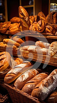 Freshly baked gourmet breads for sale in French bakery. Freshly baked bread, rolls, cookies