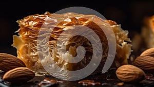 Freshly baked gourmet pastry with chocolate and almonds generated by AI