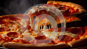 Freshly baked gourmet pizza with mozzarella and meat ,generative AI