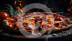 Freshly baked gourmet pizza on rustic wooden table generated by AI