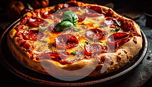 Freshly baked gourmet pizza, with tomato and mozzarella generated by AI