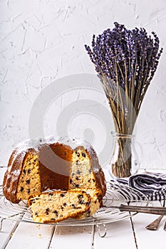 Freshly baked gugelhupf on a white background