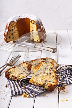 Freshly baked gugelhupf on a white background