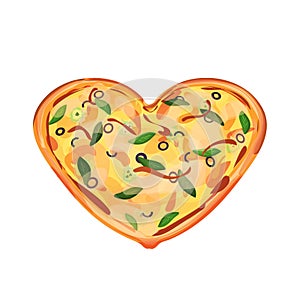 Freshly baked heart-shaped pizza with different types of cheese, olives, green leaves isolated on white background