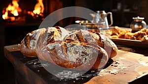 Freshly baked homemade baguette on rustic wooden table generated by AI