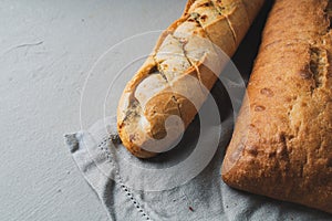 Freshly baked homemade bread with crispy crust and garlic