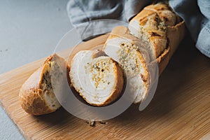 Freshly baked homemade bread with crispy crust and garlic