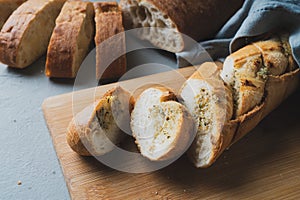 Freshly baked homemade bread with crispy crust and garlic