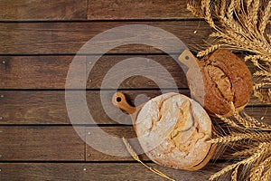 Freshly baked homemade bread, french sourdough baguette with crispy crust and ears of rye and wheat on wooden background with