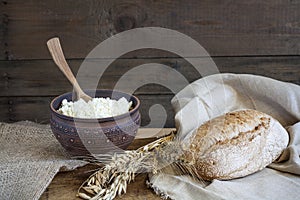Freshly baked homemade bread on a wooden table.