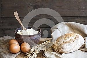 Freshly baked homemade bread on a wooden table.